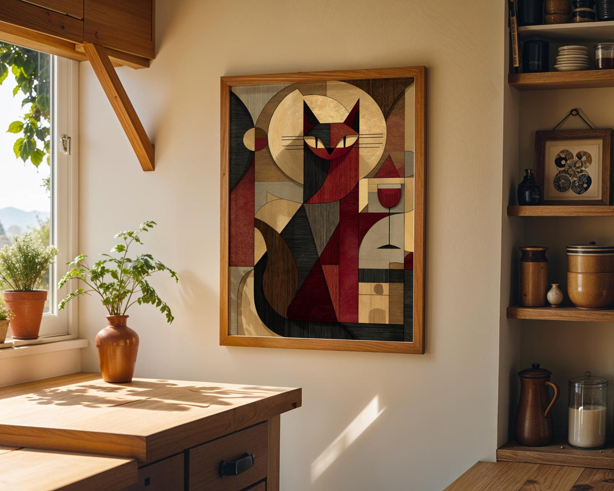 Cubist Cat Art Print | Geometric Mid-Century Modern Wall Art | Abstract Cat with Wine Poster | Retro Animal Illustration |...