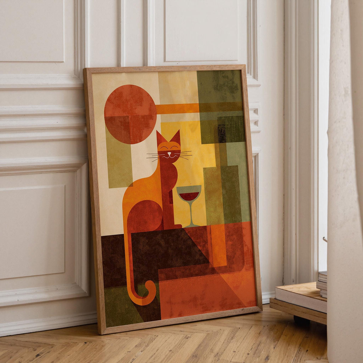 Cubist Cat Art Print | Geometric Mid-Century Modern Wall Art | Abstract Cat with Wine Poster | Retro Animal Illustration |...