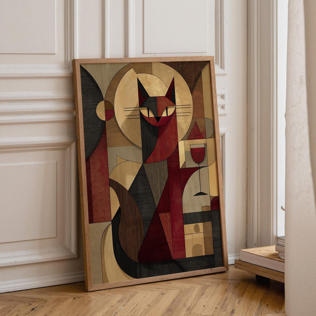 Cubist Cat Art Print | Geometric Mid-Century Modern Wall Art | Abstract Cat with Wine Poster | Retro Animal Illustration |...