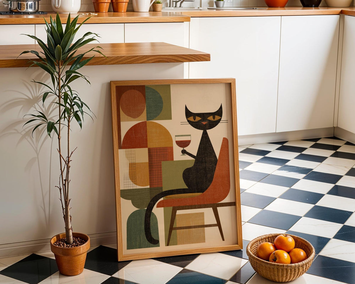 Cubist Cat Art Print | Geometric Mid-Century Modern Wall Art | Abstract Cat with Wine Poster | Retro Animal Illustration |...