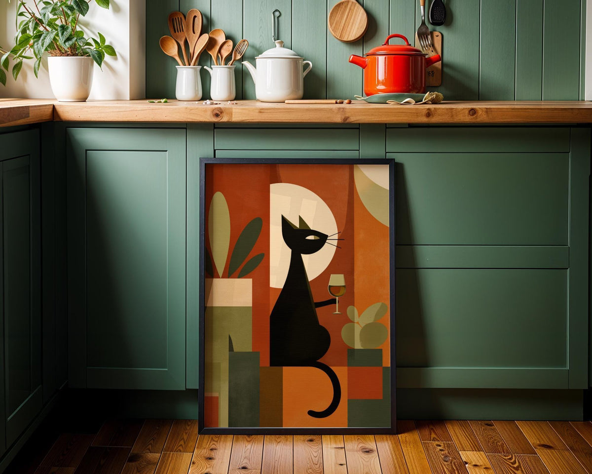 Cubist Cat Art Print | Geometric Mid-Century Modern Wall Art | Abstract Cat with Wine Poster | Retro Animal Illustration |...