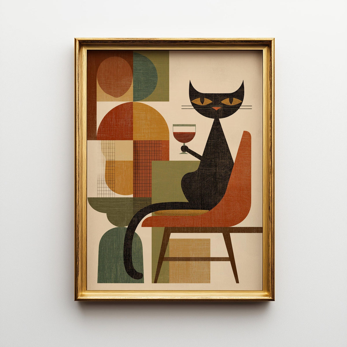 Cubist Cat Art Print | Geometric Mid-Century Modern Wall Art | Abstract Cat with Wine Poster | Retro Animal Illustration |...