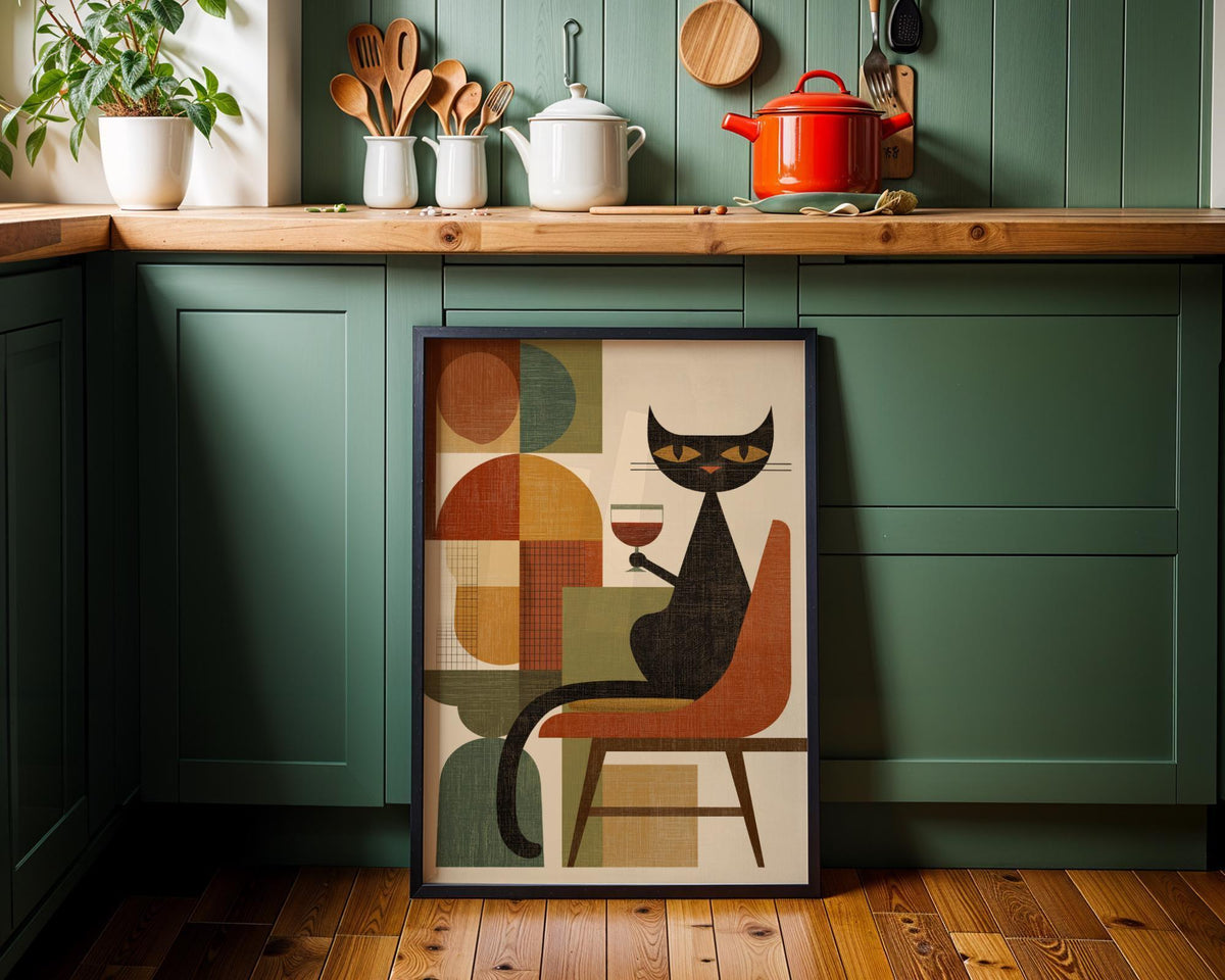 Cubist Cat Art Print | Geometric Mid-Century Modern Wall Art | Abstract Cat with Wine Poster | Retro Animal Illustration |...