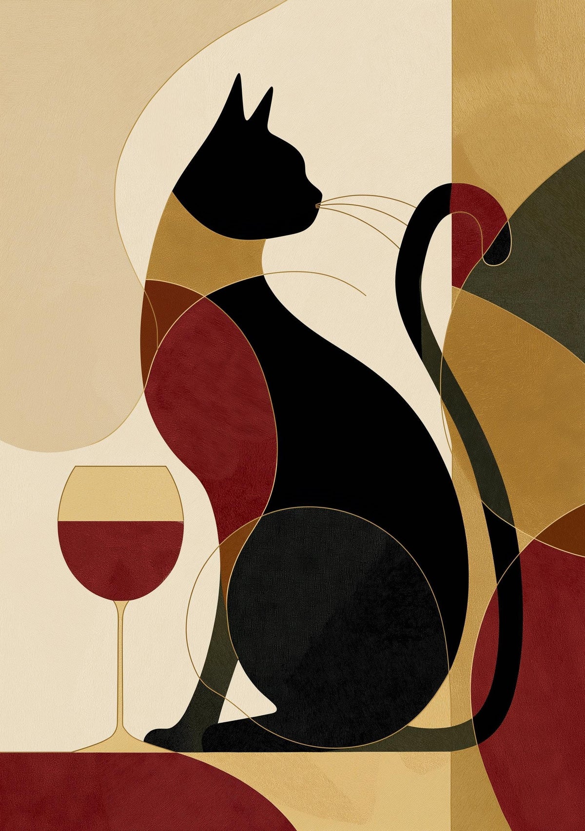 Cubist Cat Art Print | Geometric Mid-Century Modern Wall Art | Abstract Cat with Wine Poster | Retro Animal Illustration |...