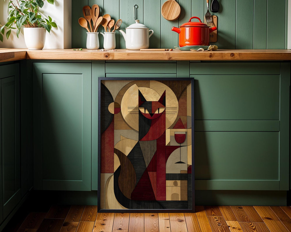 Cubist Cat Art Print | Geometric Mid-Century Modern Wall Art | Abstract Cat with Wine Poster | Retro Animal Illustration |...