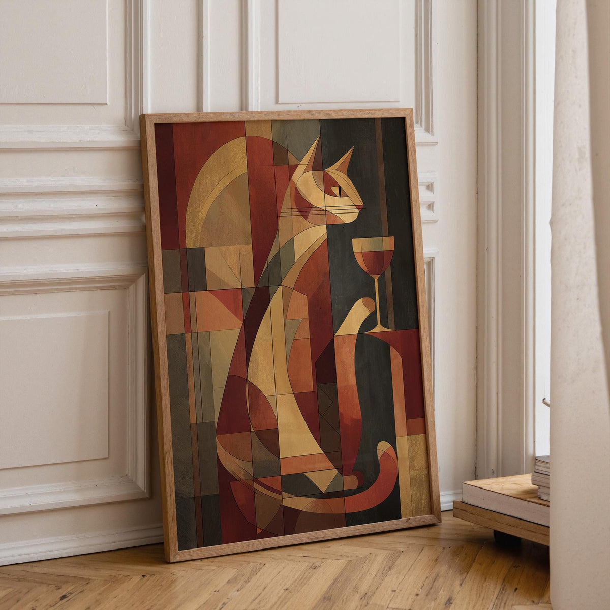 Cubist Cat Art Print | Geometric Mid-Century Modern Wall Art | Abstract Cat with Wine Poster | Retro Animal Illustration |...