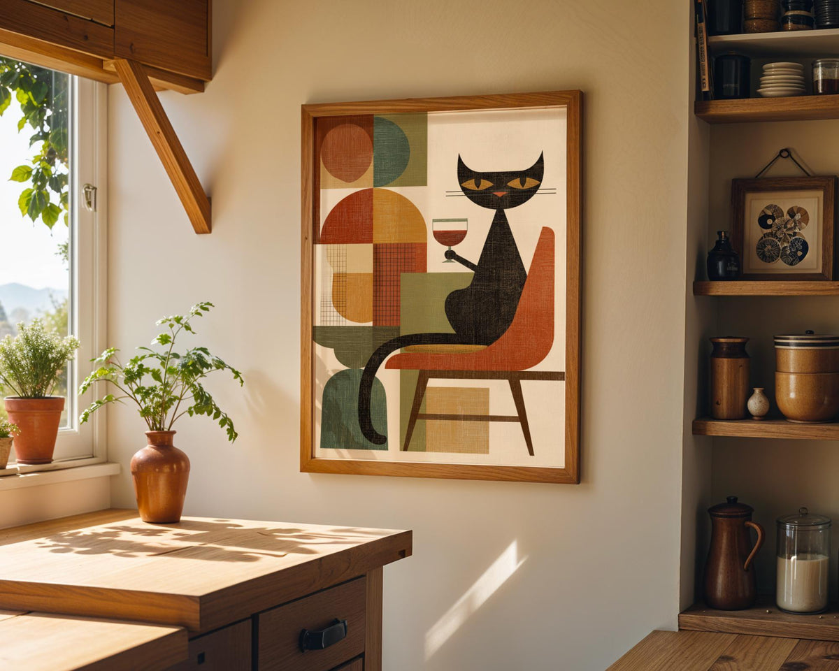 Cubist Cat Art Print | Geometric Mid-Century Modern Wall Art | Abstract Cat with Wine Poster | Retro Animal Illustration |...