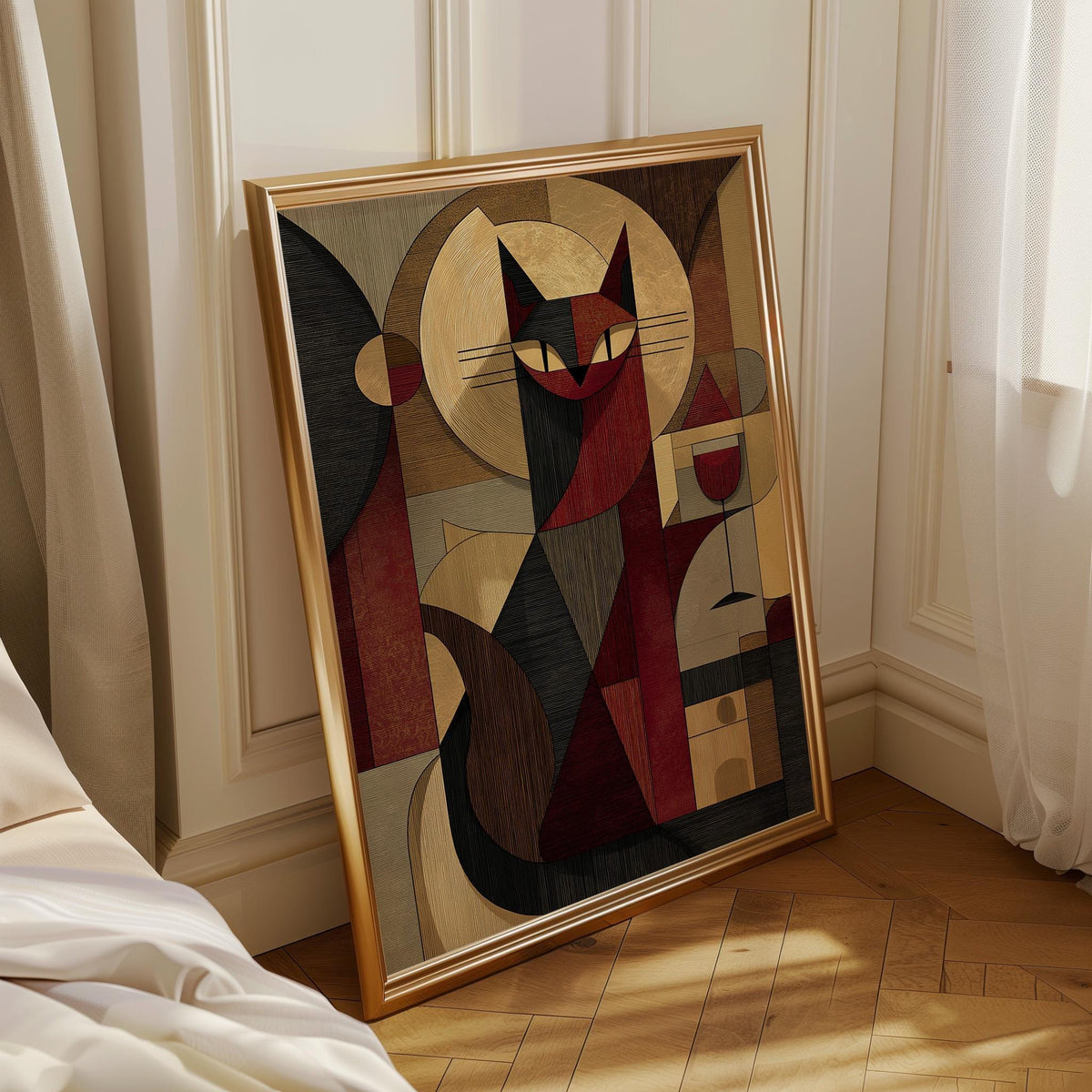 Cubist Cat Art Print | Geometric Mid-Century Modern Wall Art | Abstract Cat with Wine Poster | Retro Animal Illustration |...