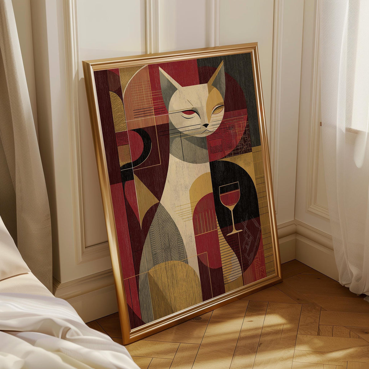 Cubist Cat Art Print | Geometric Mid-Century Modern Wall Art | Abstract Cat with Wine Poster | Retro Animal Illustration |...