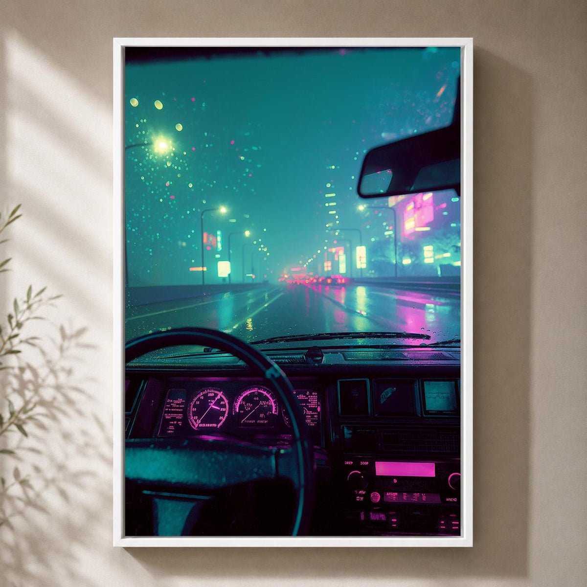 Cyberpunk City Drive Framed Canvas Art, Neon Synthwave Car Interior Decor, Framed Print by The Wall Art Studio - physical