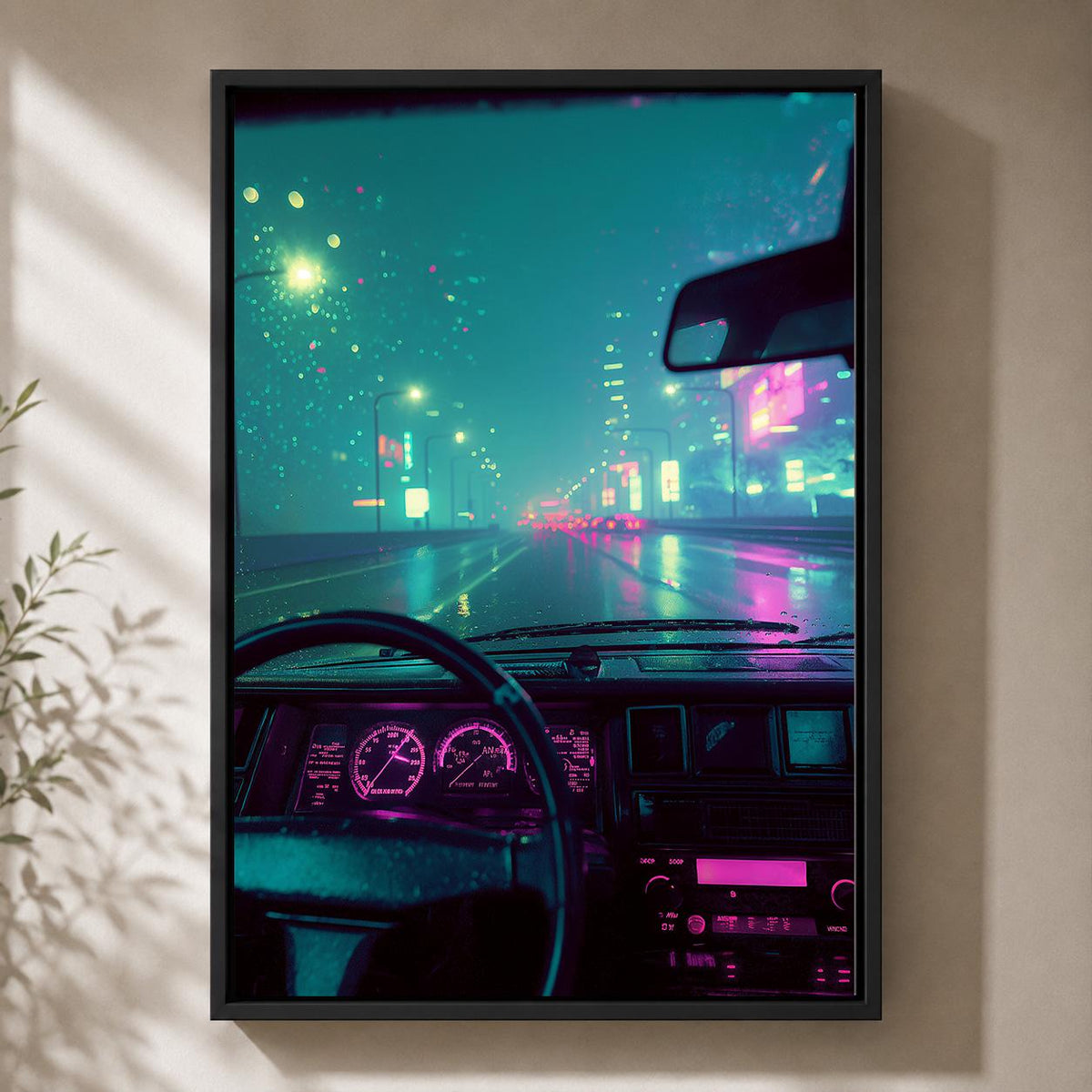 Cyberpunk City Drive Framed Canvas Art, Neon Synthwave Car Interior Decor, Framed Print by The Wall Art Studio - physical