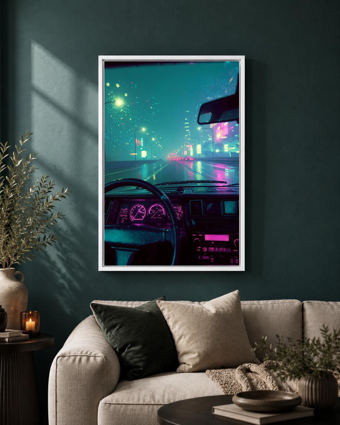 Cyberpunk City Drive Framed Canvas Art, Neon Synthwave Car Interior Decor, Framed Print by The Wall Art Studio - physical