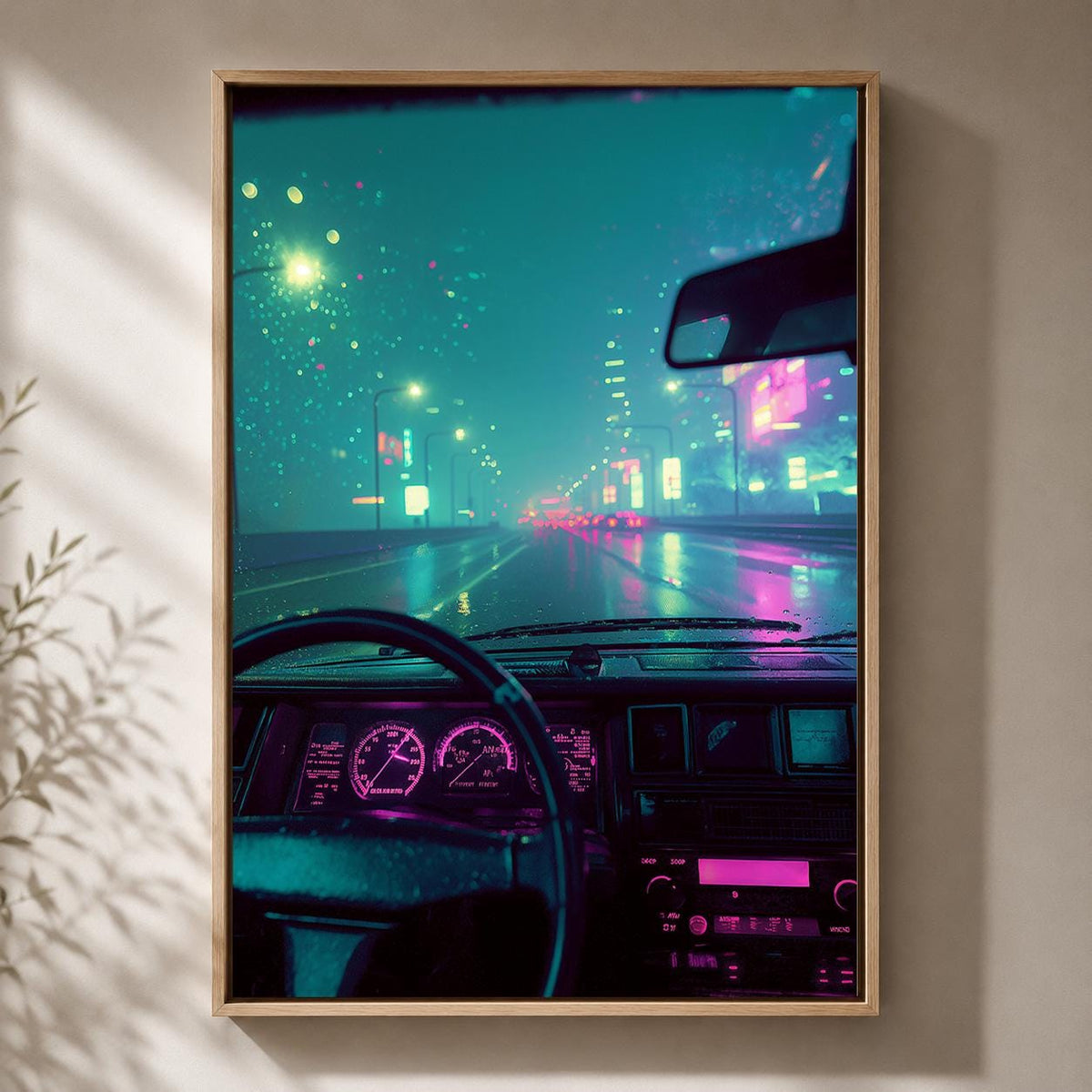 Cyberpunk City Drive Framed Canvas Art, Neon Synthwave Car Interior Decor, Framed Print by The Wall Art Studio - physical