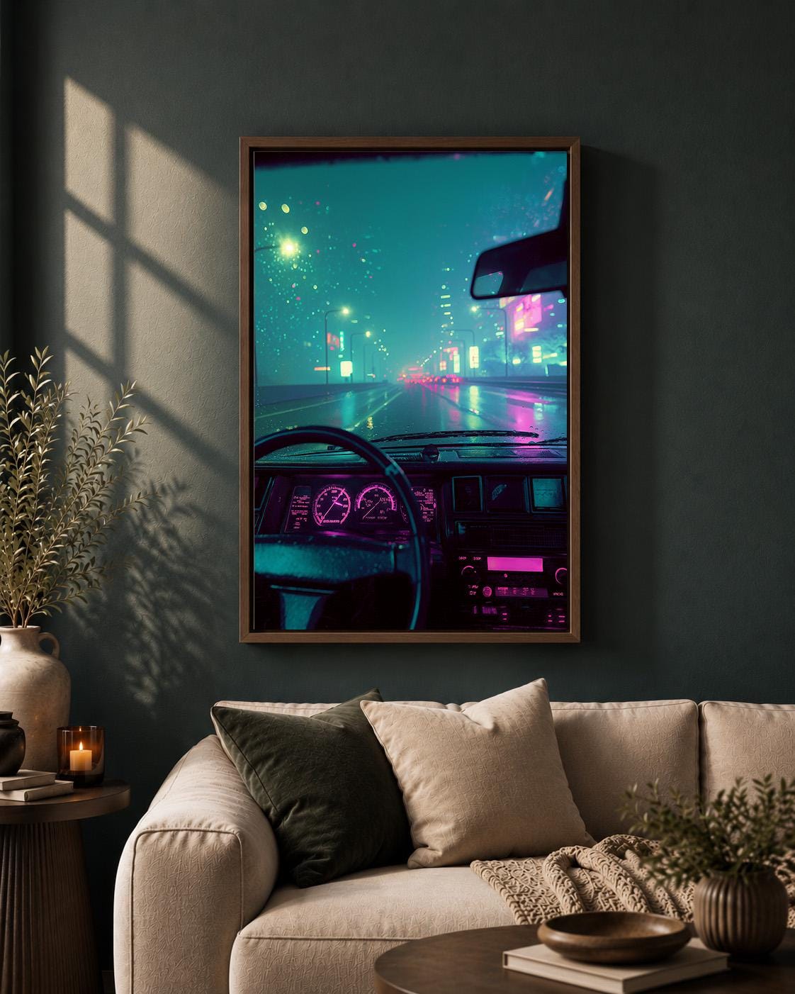 Cyberpunk City Drive Framed Canvas Art, Neon Synthwave Car Interior Decor, Framed Print by The Wall Art Studio - physical