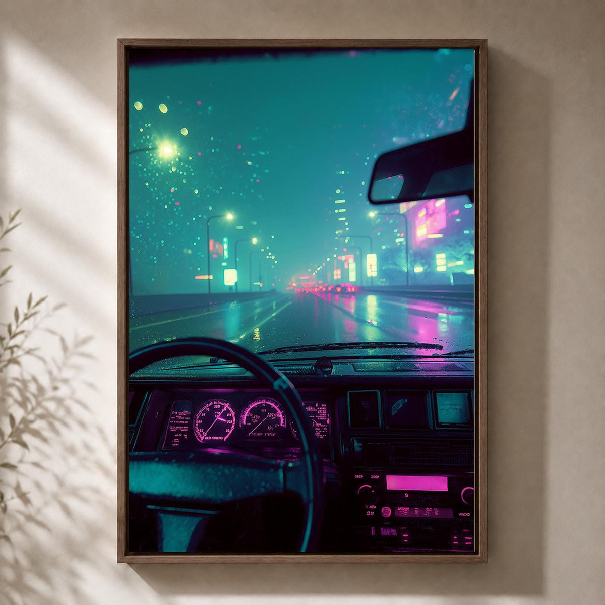Cyberpunk City Drive Framed Canvas Art, Neon Synthwave Car Interior Decor, Framed Print by The Wall Art Studio - physical