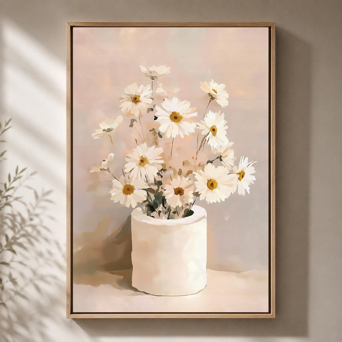 Daisies Floral Framed Canvas Wall Art, Neutral Minimalist Bathroom Decor by The Wall Art Studio - physical
