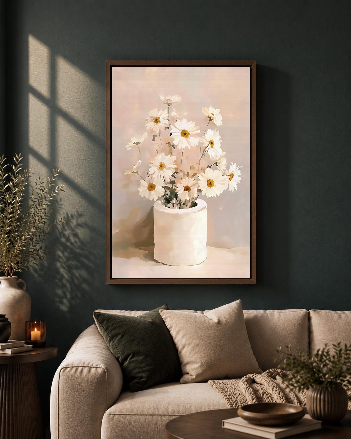 Daisies Floral Framed Canvas Wall Art, Neutral Minimalist Bathroom Decor by The Wall Art Studio - physical