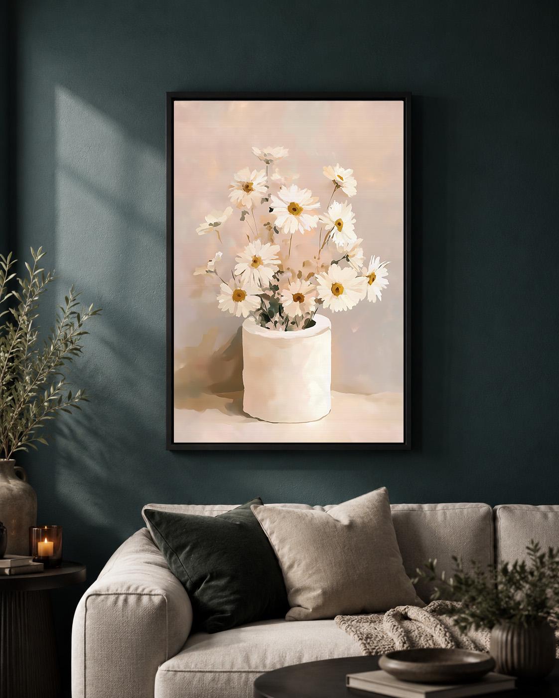 Daisies Floral Framed Canvas Wall Art, Neutral Minimalist Bathroom Decor by The Wall Art Studio - physical