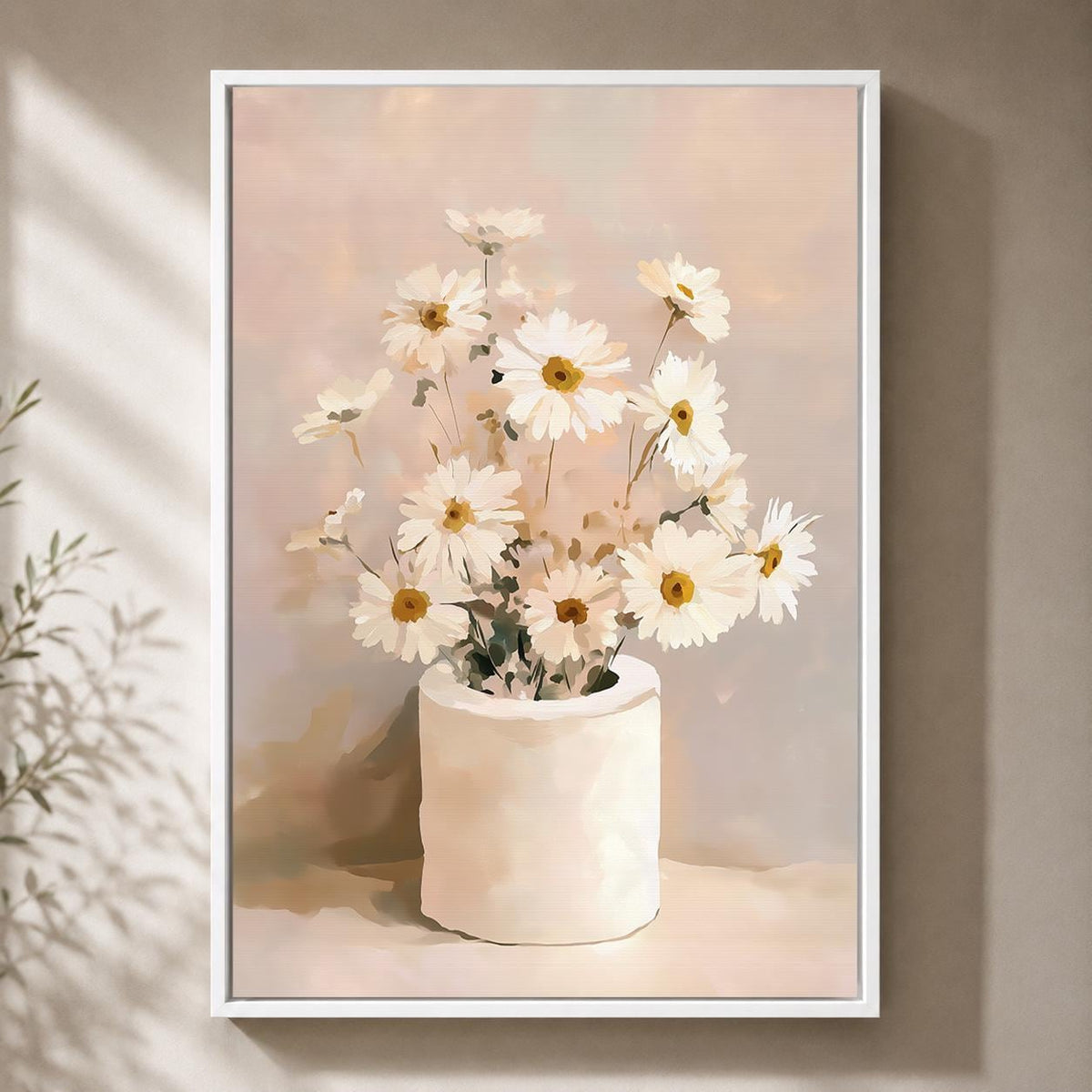 Daisies Floral Framed Canvas Wall Art, Neutral Minimalist Bathroom Decor by The Wall Art Studio - physical