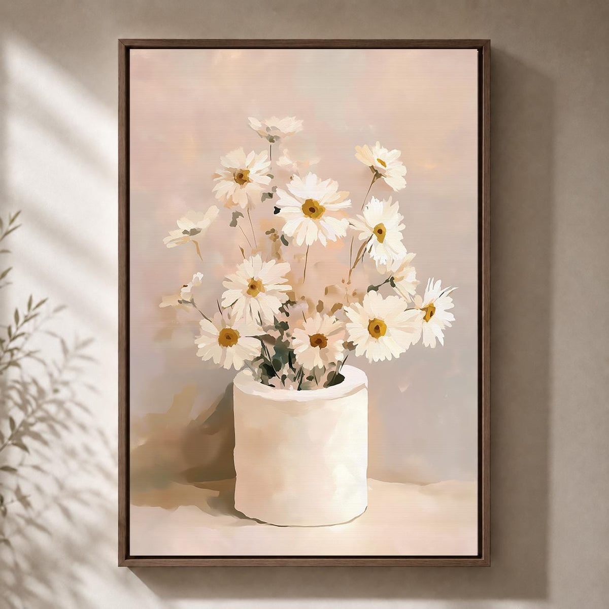 Daisies Floral Framed Canvas Wall Art, Neutral Minimalist Bathroom Decor by The Wall Art Studio - physical
