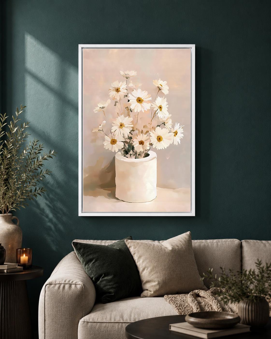 Daisies Floral Framed Canvas Wall Art, Neutral Minimalist Bathroom Decor by The Wall Art Studio - physical