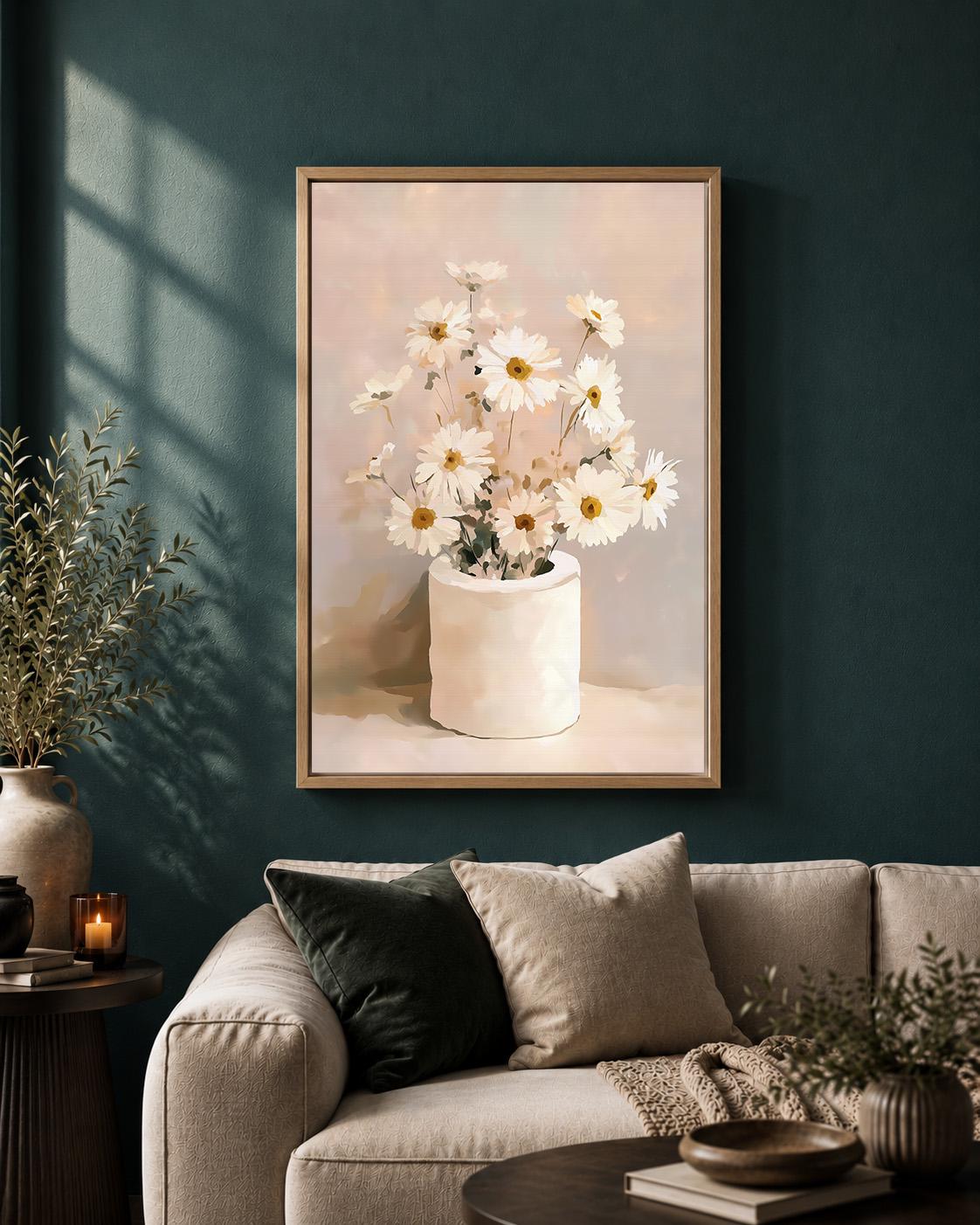 Daisies Floral Framed Canvas Wall Art, Neutral Minimalist Bathroom Decor by The Wall Art Studio - physical