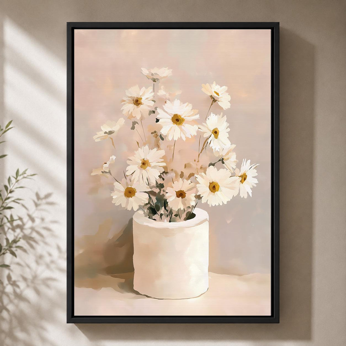 Daisies Floral Framed Canvas Wall Art, Neutral Minimalist Bathroom Decor by The Wall Art Studio - physical