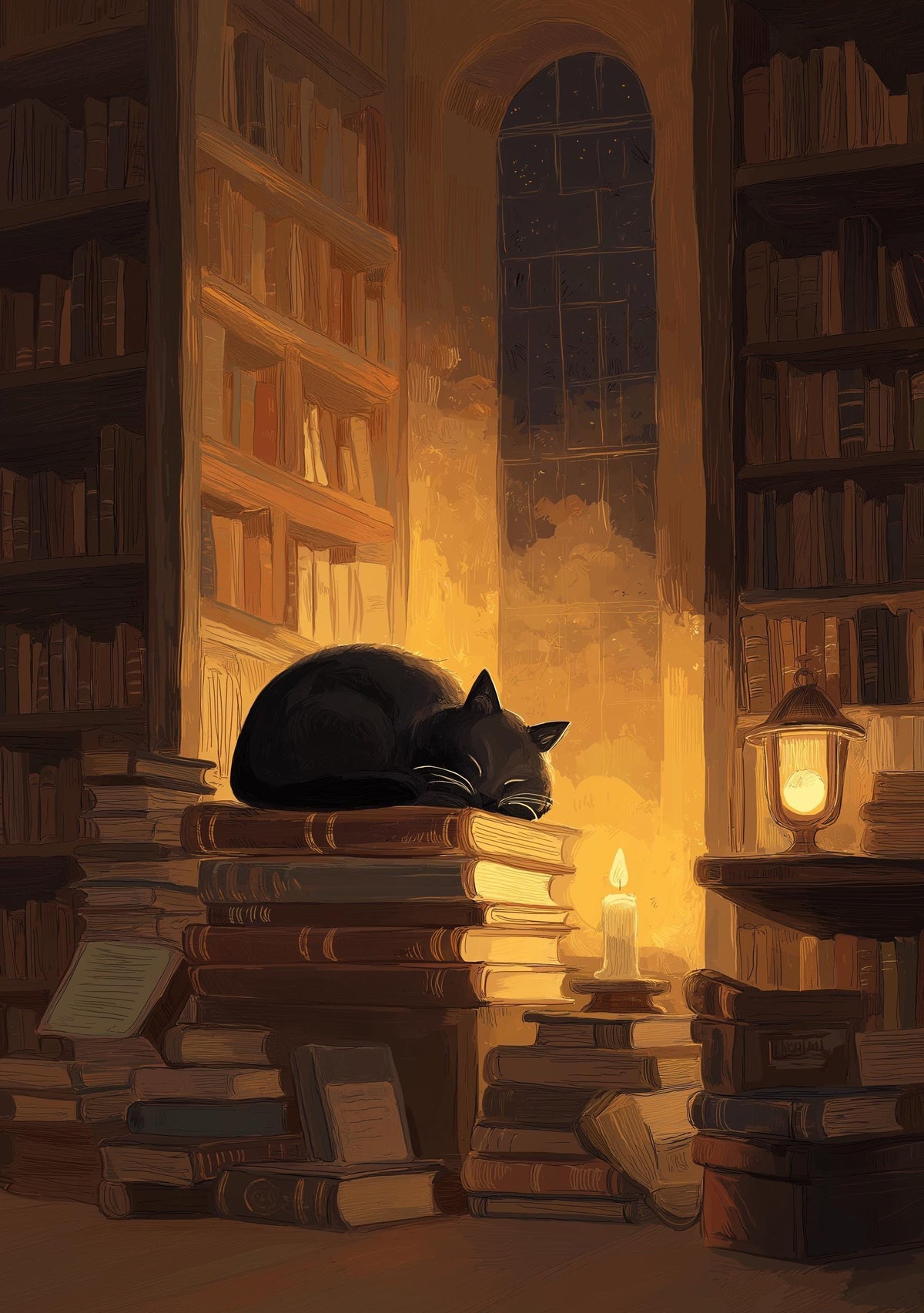 Dark Academia Cat Wall Art, Cozy Library Print, Sleeping Cat Books Poster, Moody Reading Room Décor, Book Lover Gift, Warm...