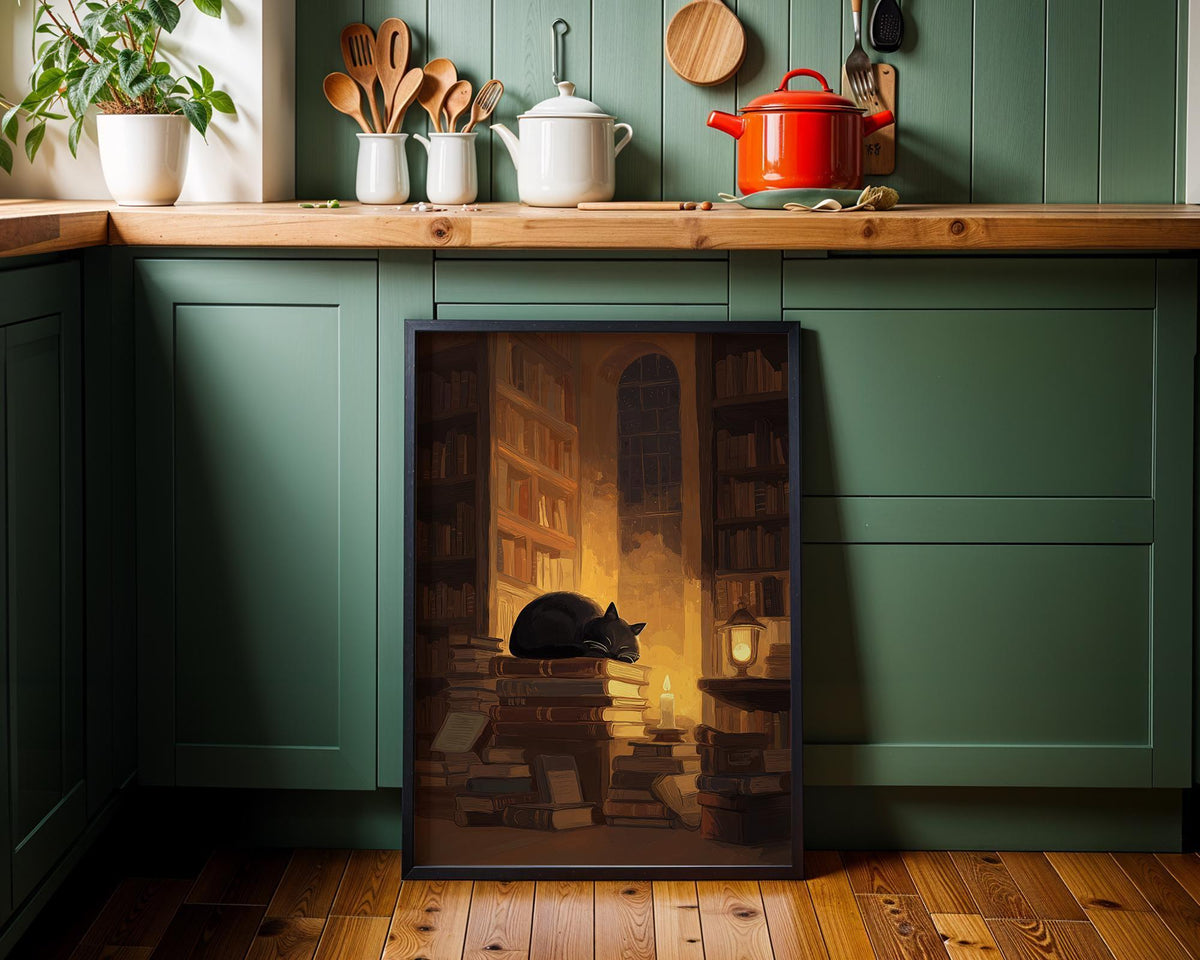 Dark Academia Cat Wall Art, Cozy Library Print, Sleeping Cat Books Poster, Moody Reading Room Décor, Book Lover Gift, Warm...