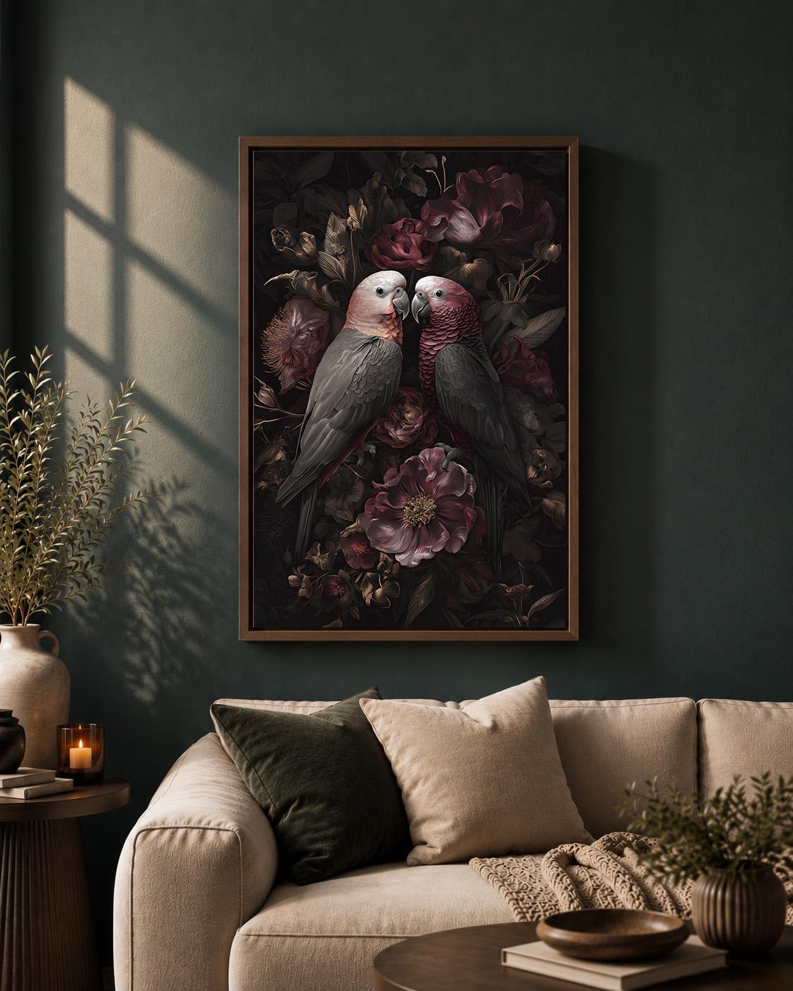 Dark Academia Parrots Floral Framed Canvas Art, Moody Botanical Tropical Wall Decor by The Wall Art Studio - physical