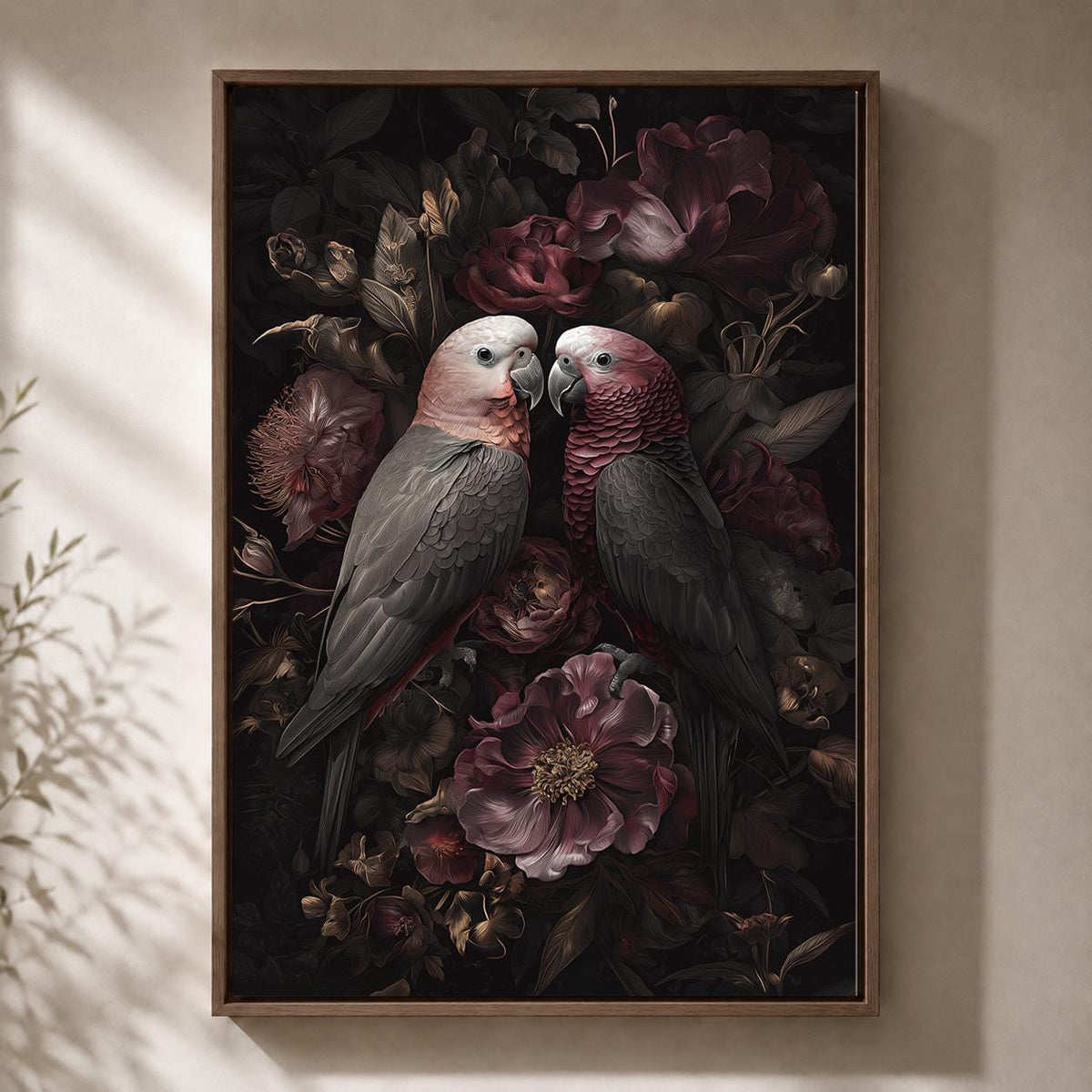 Dark Academia Parrots Floral Framed Canvas Art, Moody Botanical Tropical Wall Decor by The Wall Art Studio - physical
