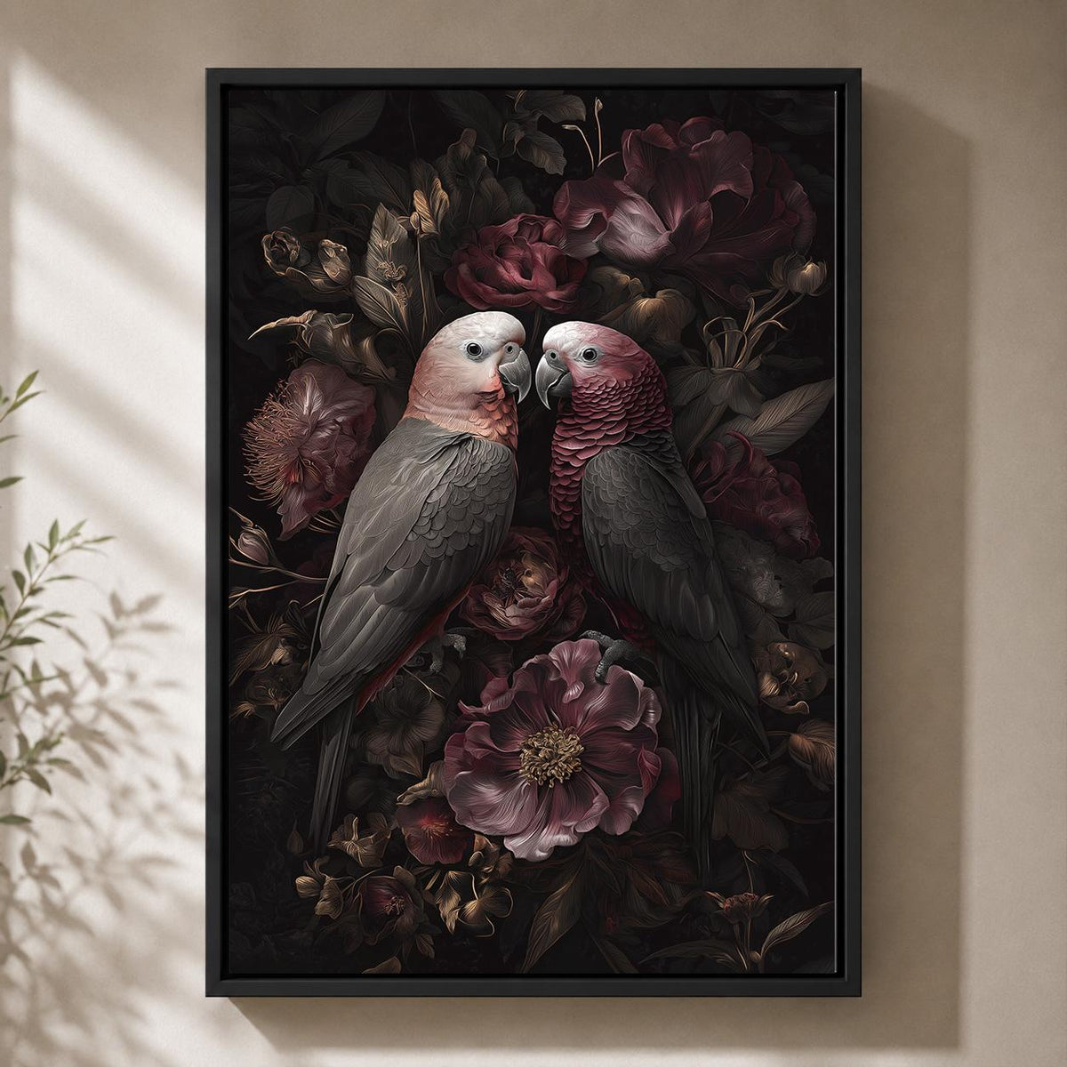 Dark Academia Parrots Floral Framed Canvas Art, Moody Botanical Tropical Wall Decor by The Wall Art Studio - physical