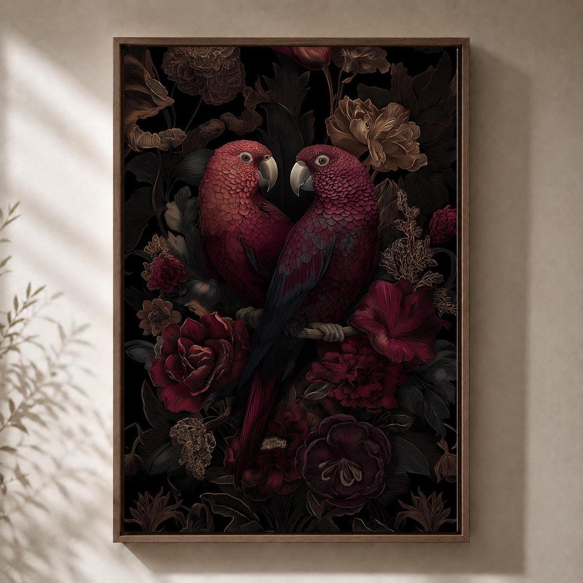 Dark Academia Parrots Floral Framed Canvas Art, Moody Botanical Tropical Wall Decor by The Wall Art Studio - physical