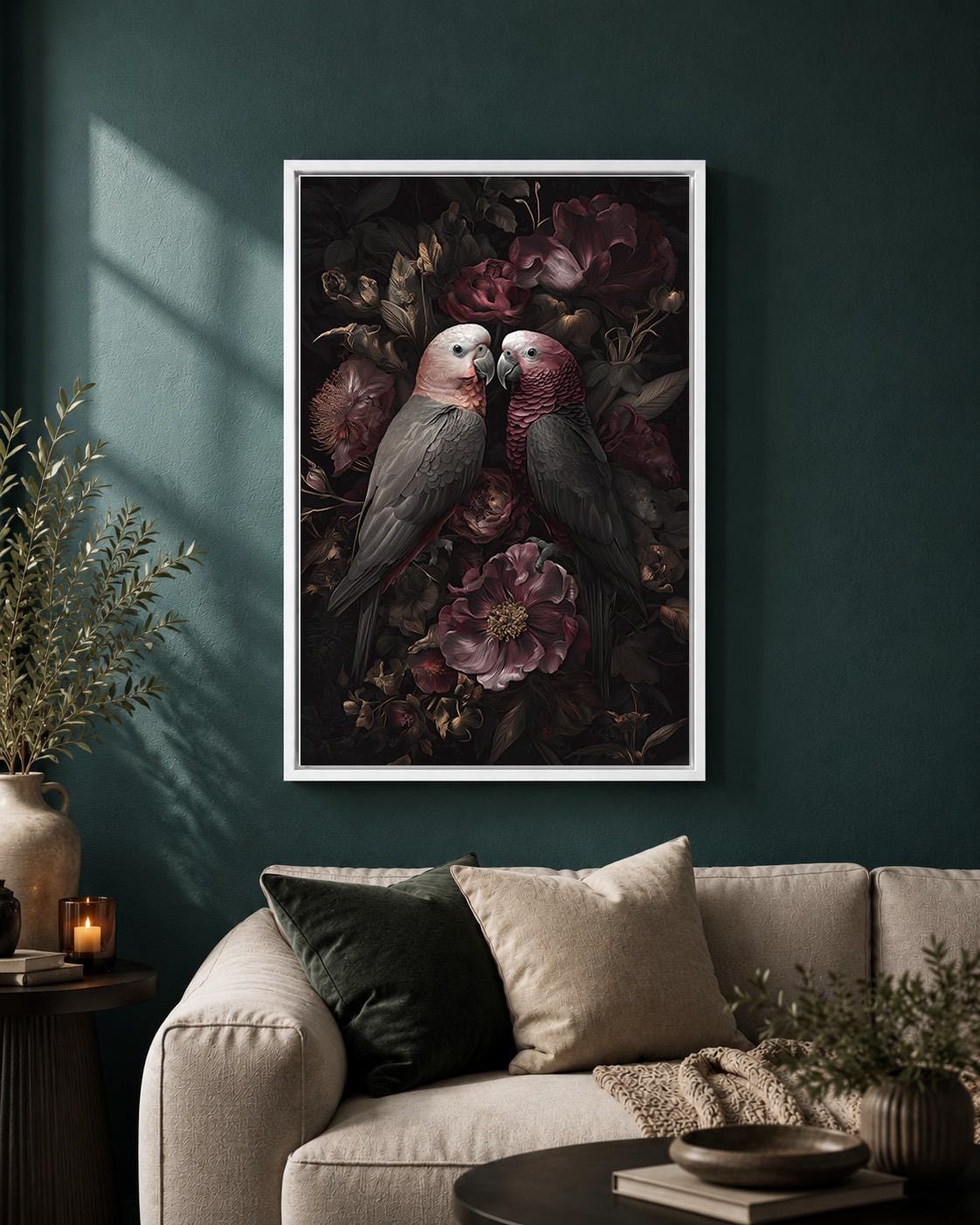 Dark Academia Parrots Floral Framed Canvas Art, Moody Botanical Tropical Wall Decor by The Wall Art Studio - physical