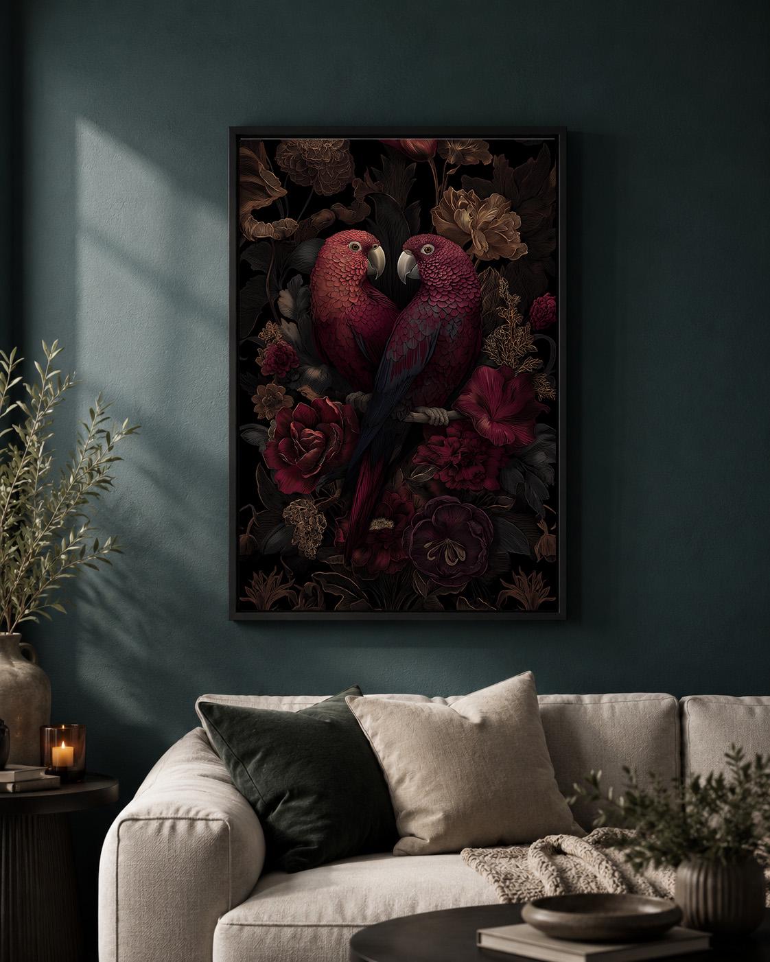 Dark Academia Parrots Floral Framed Canvas Art, Moody Botanical Tropical Wall Decor by The Wall Art Studio - physical
