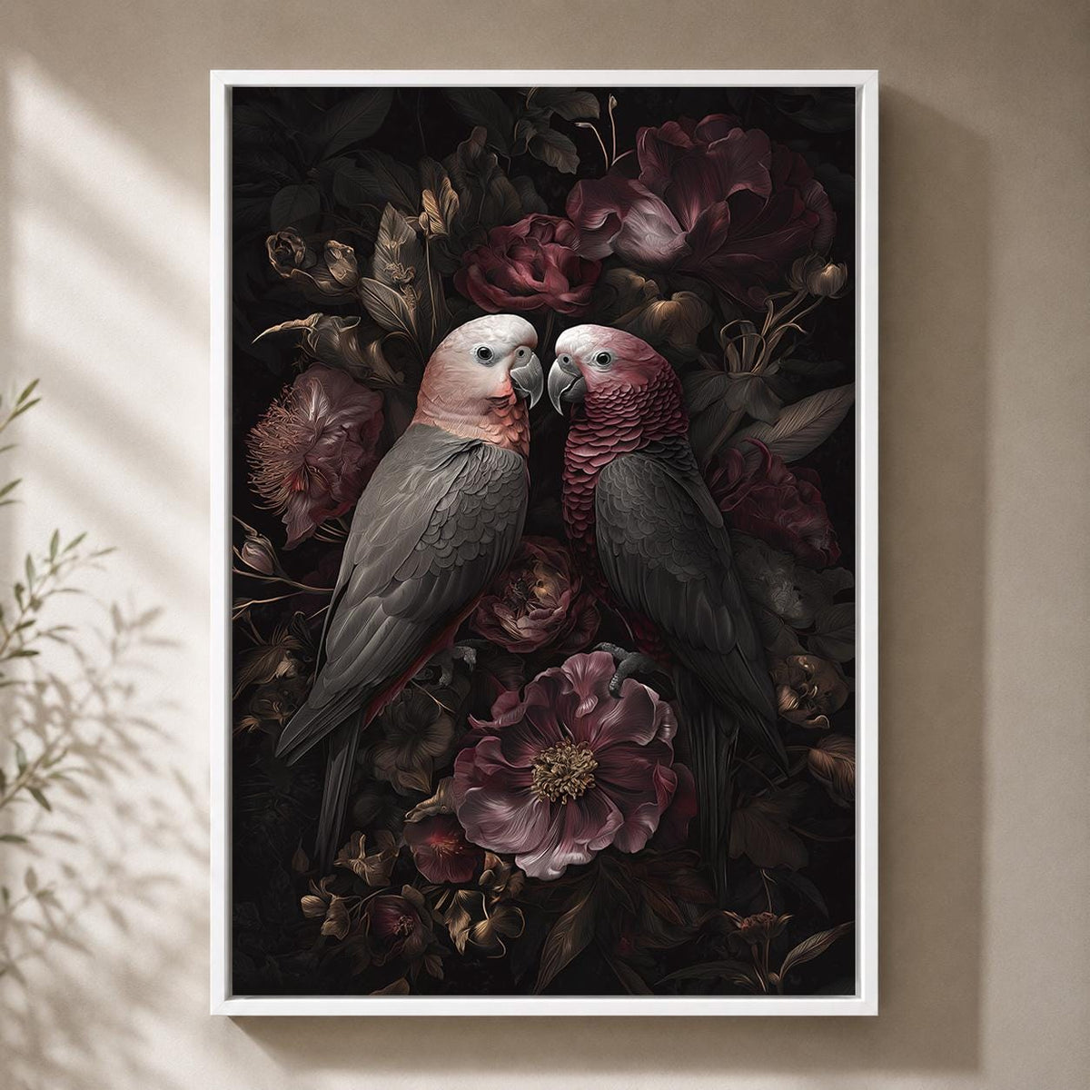 Dark Academia Parrots Floral Framed Canvas Art, Moody Botanical Tropical Wall Decor by The Wall Art Studio - physical