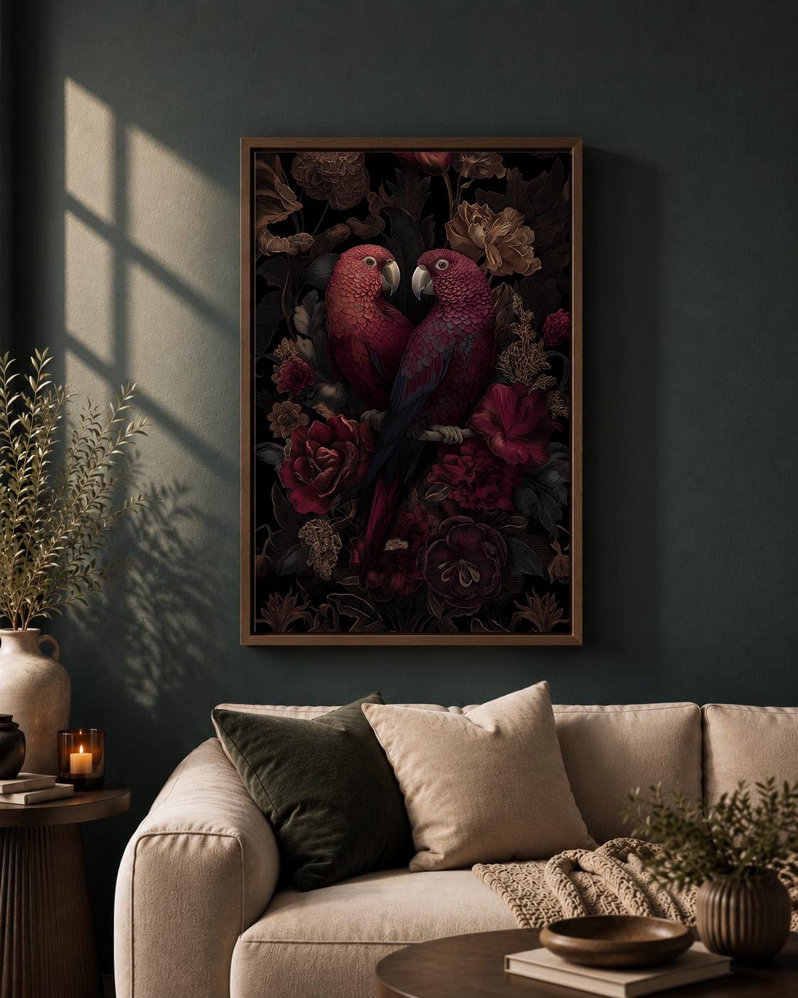 Dark Academia Parrots Floral Framed Canvas Art, Moody Botanical Tropical Wall Decor by The Wall Art Studio - physical