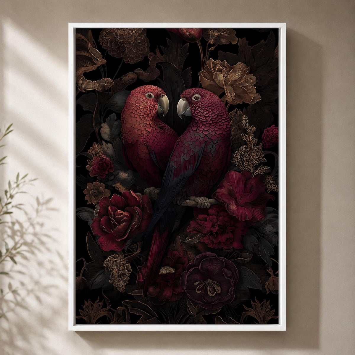 Dark Academia Parrots Floral Framed Canvas Art, Moody Botanical Tropical Wall Decor by The Wall Art Studio - physical