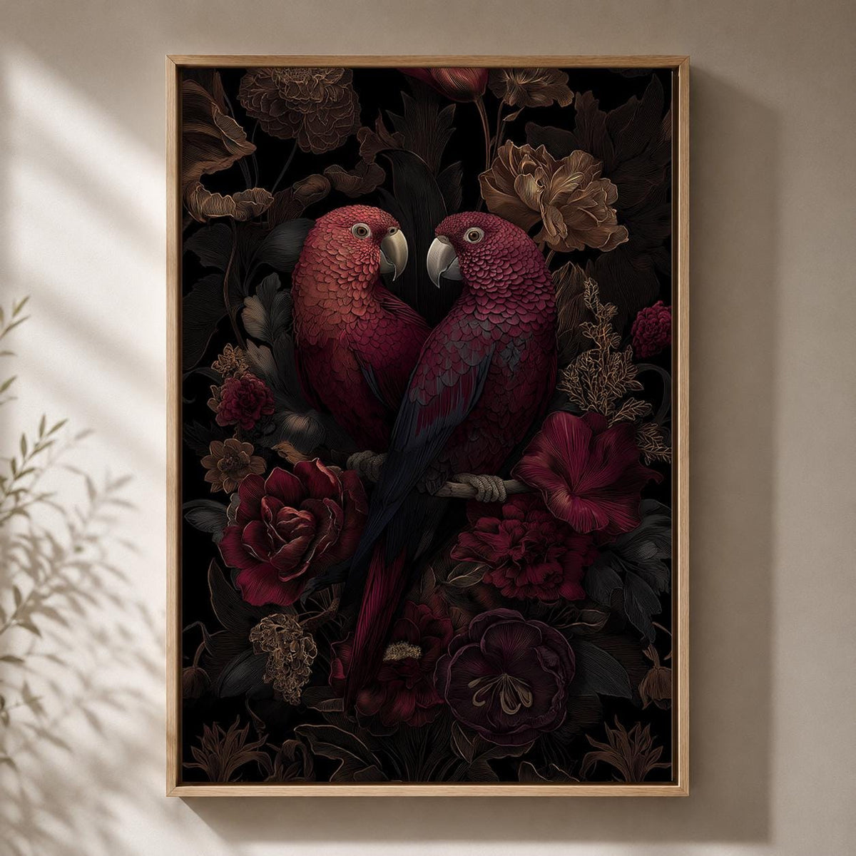 Dark Academia Parrots Floral Framed Canvas Art, Moody Botanical Tropical Wall Decor by The Wall Art Studio - physical