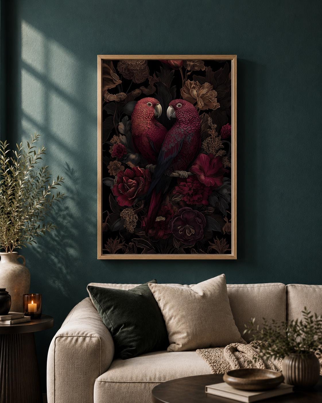 Dark Academia Parrots Floral Framed Canvas Art, Moody Botanical Tropical Wall Decor by The Wall Art Studio - physical