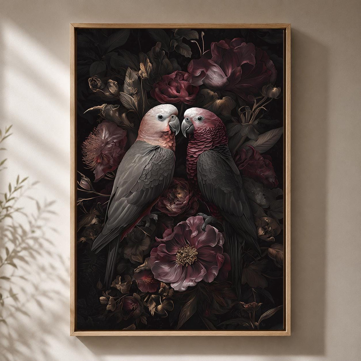 Dark Academia Parrots Floral Framed Canvas Art, Moody Botanical Tropical Wall Decor by The Wall Art Studio - physical