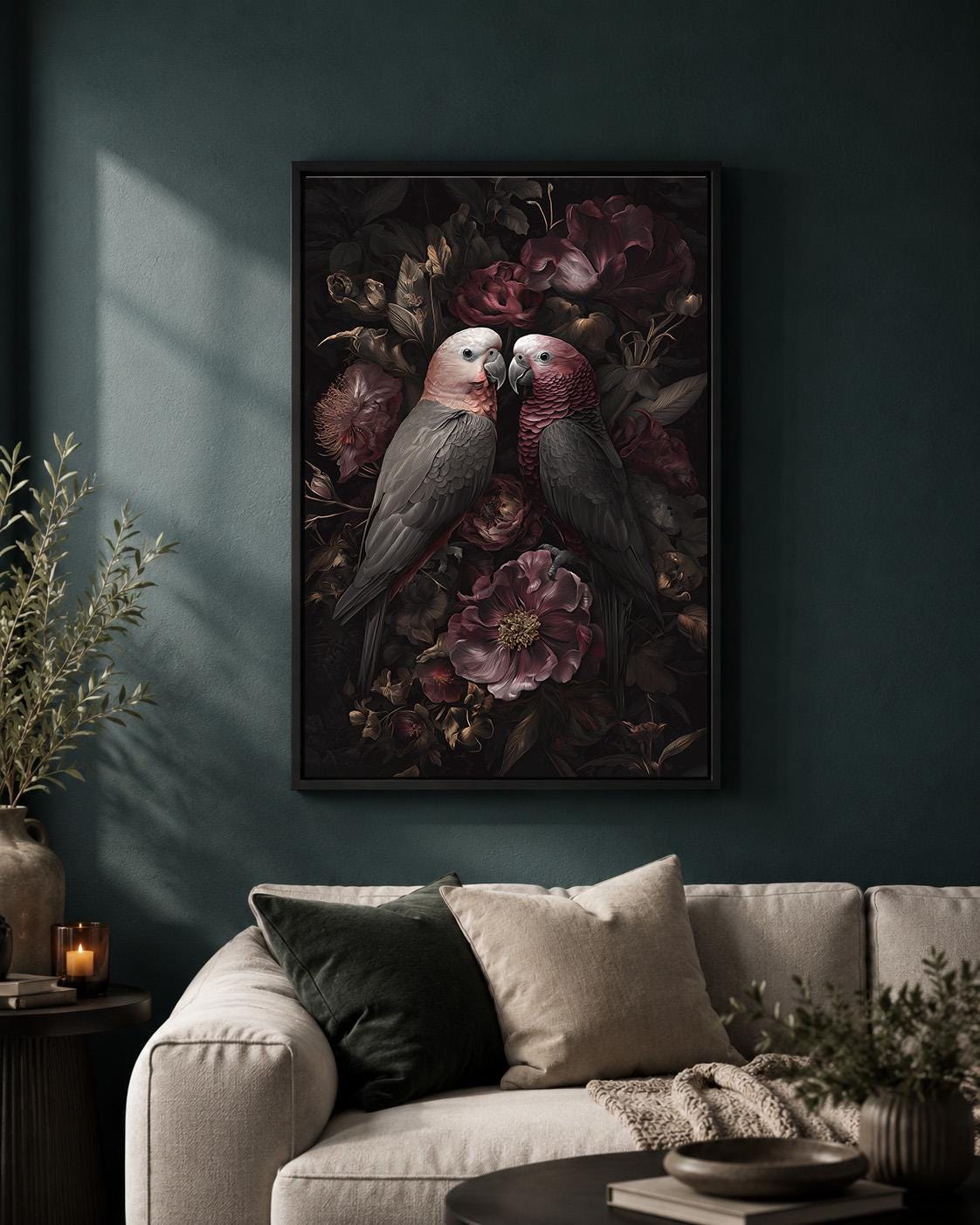 Dark Academia Parrots Floral Framed Canvas Art, Moody Botanical Tropical Wall Decor by The Wall Art Studio - physical