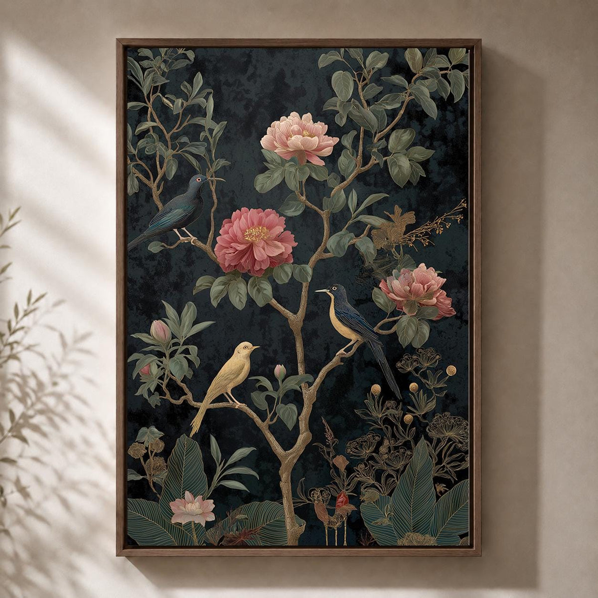 Dark Chinoiserie Floral Bird Framed Canvas Art, Moody Vintage Botanical Print, Maximalist Decor by The Wall Art Studio - p...