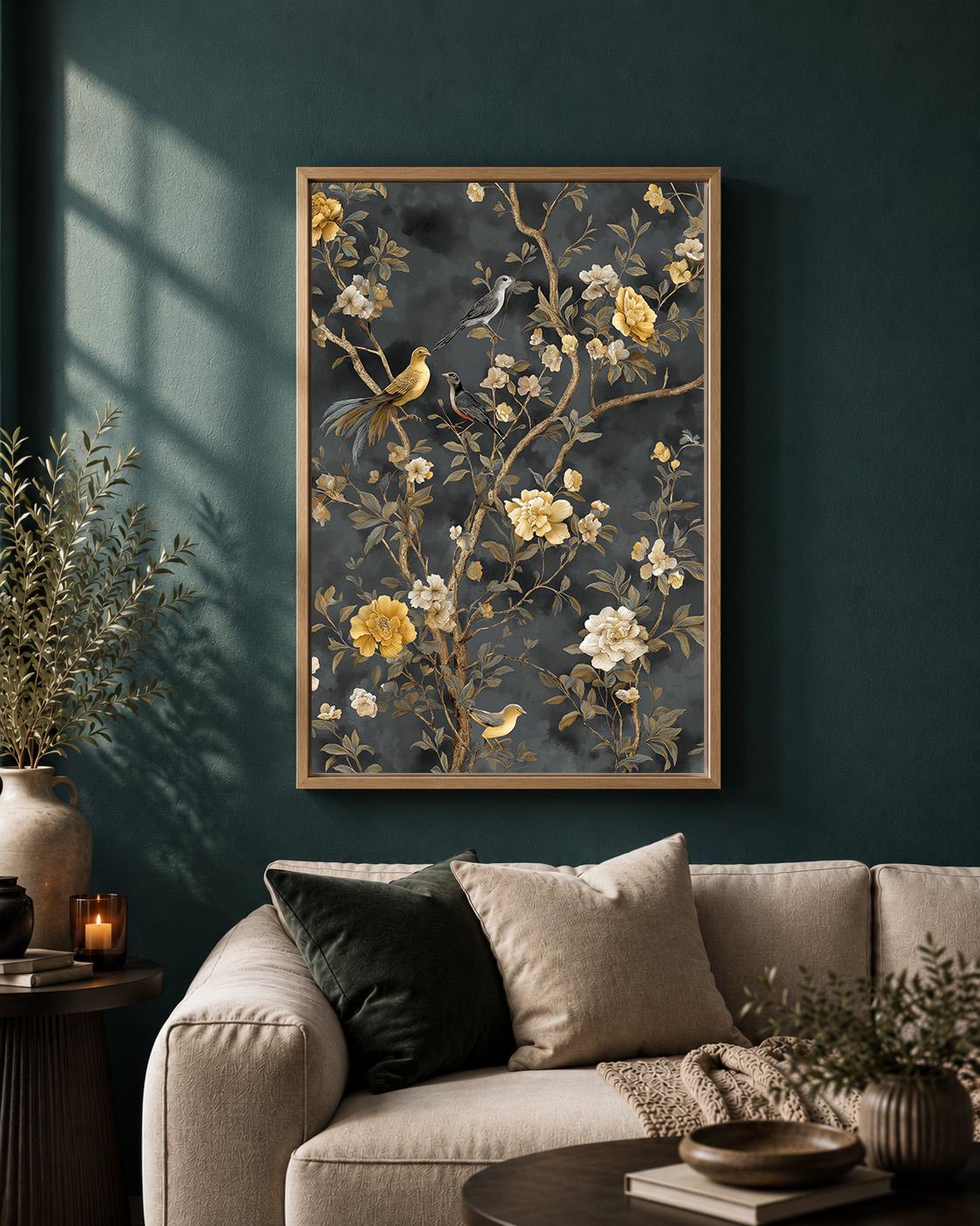 Dark Chinoiserie Floral Bird Framed Canvas Art, Moody Vintage Botanical Print, Maximalist Decor by The Wall Art Studio - p...
