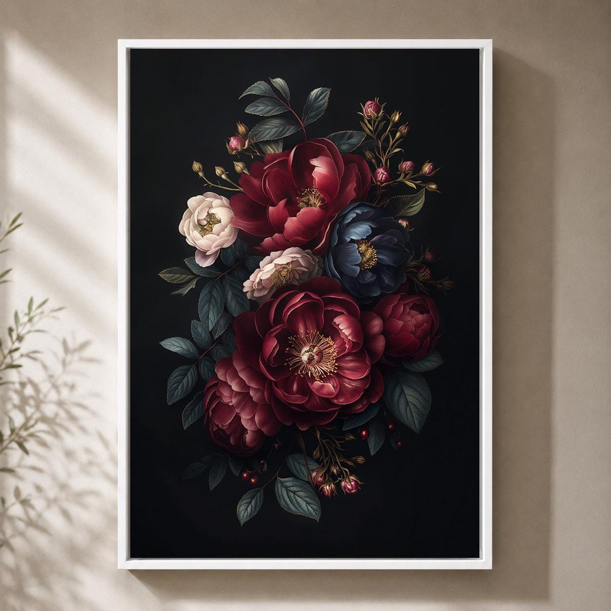 Dark Floral Peony Framed Canvas Art, Moody Botanical Framed Print, Gothic Academia Decor by The Wall Art Studio - physical