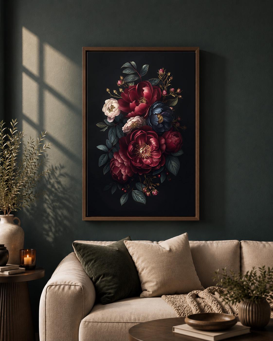Dark Floral Peony Framed Canvas Art, Moody Botanical Framed Print, Gothic Academia Decor by The Wall Art Studio - physical