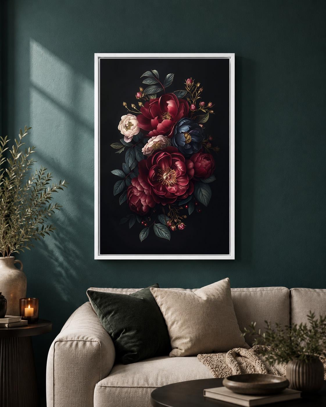 Dark Floral Peony Framed Canvas Art, Moody Botanical Framed Print, Gothic Academia Decor by The Wall Art Studio - physical