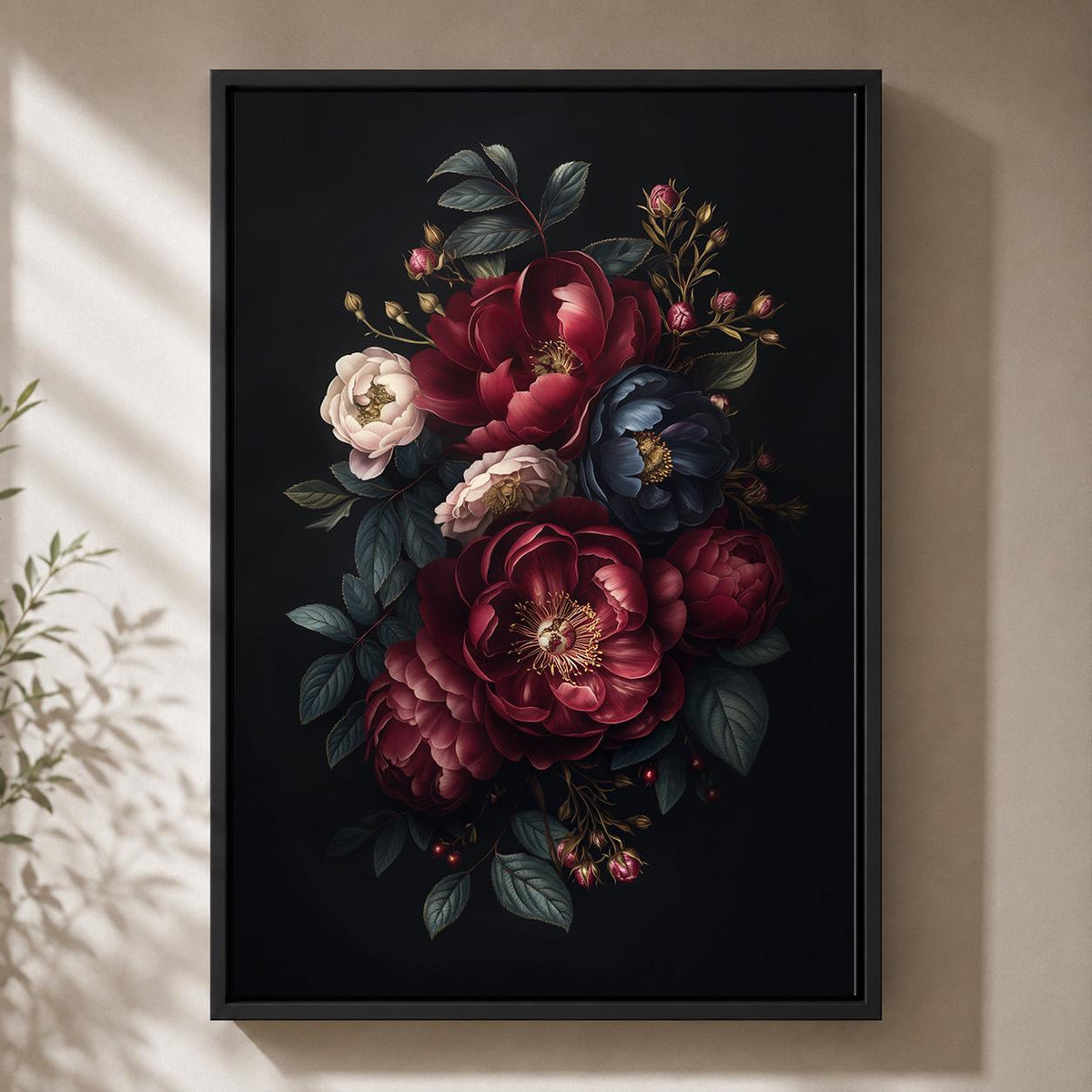 Dark Floral Peony Framed Canvas Art, Moody Botanical Framed Print, Gothic Academia Decor by The Wall Art Studio - physical