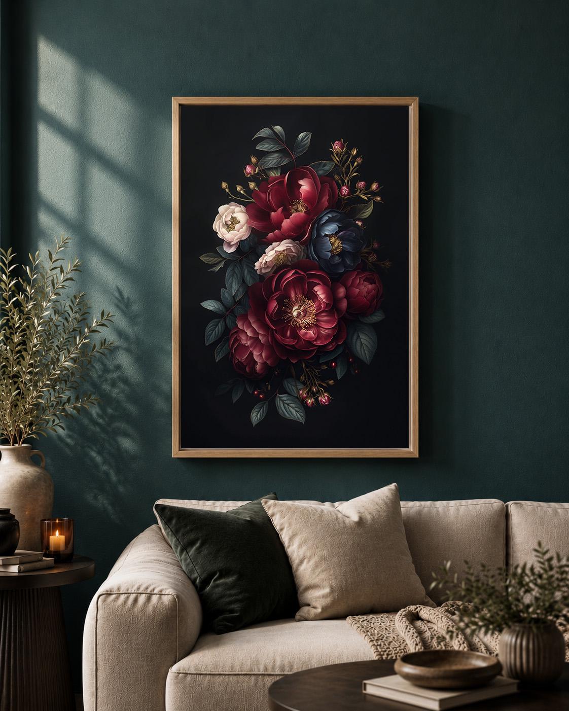 Dark Floral Peony Framed Canvas Art, Moody Botanical Framed Print, Gothic Academia Decor by The Wall Art Studio - physical