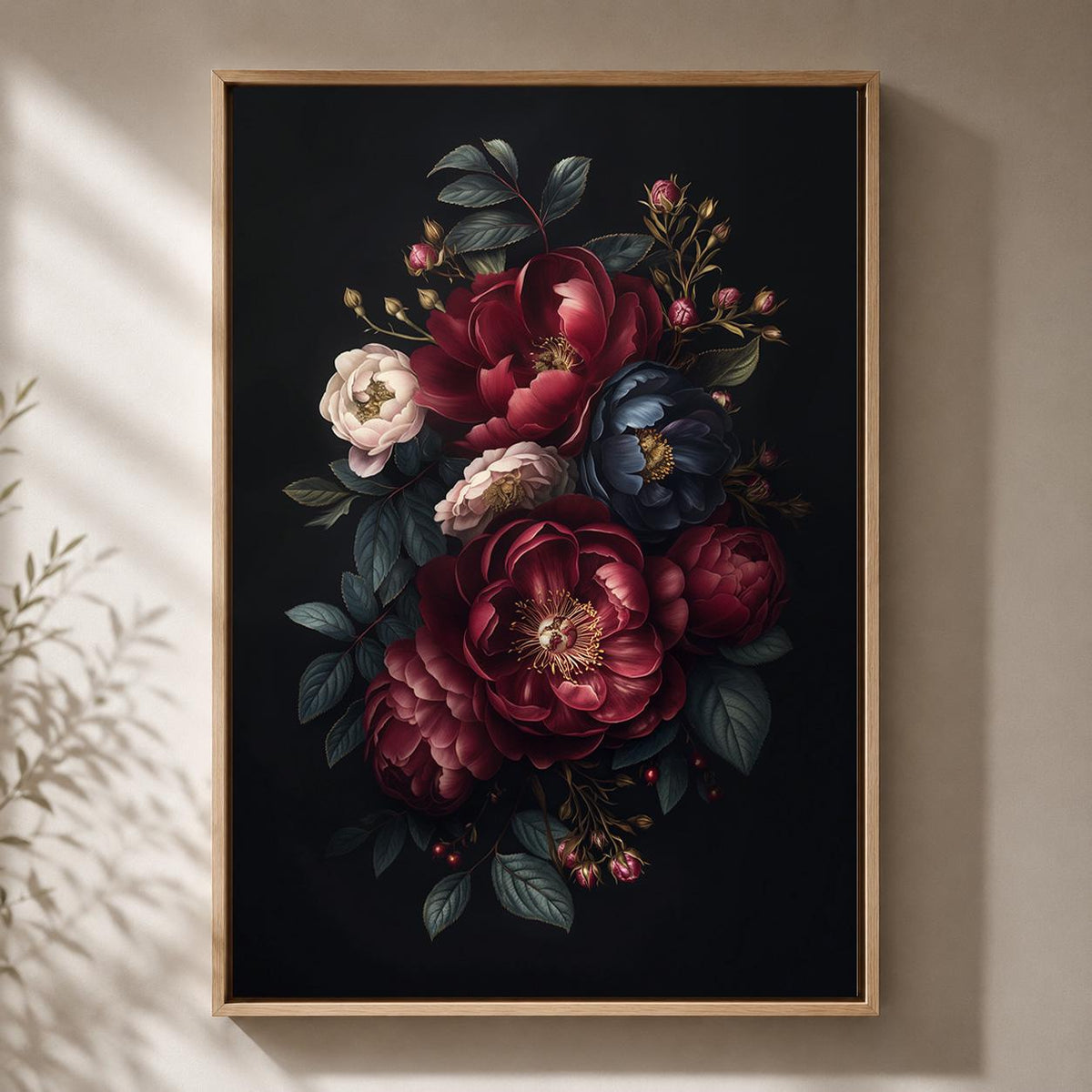 Dark Floral Peony Framed Canvas Art, Moody Botanical Framed Print, Gothic Academia Decor by The Wall Art Studio - physical